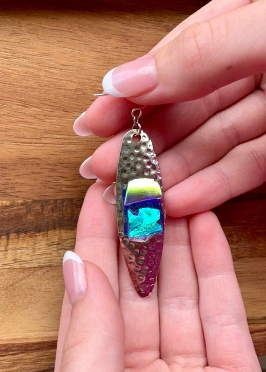 Hammered metal with dichroic glass mixed media earrings