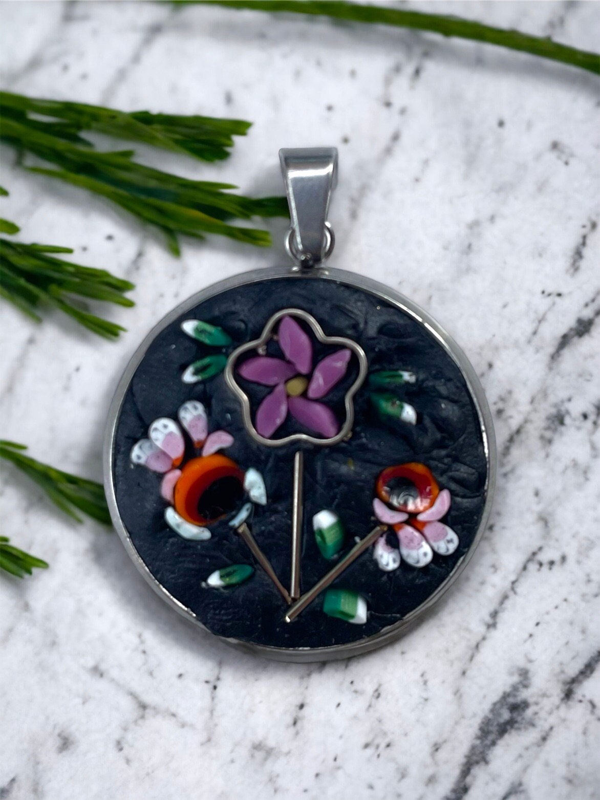 Handmade Mosaic Flower Necklace - Hand cut Italian Glass Millefiori Pendant