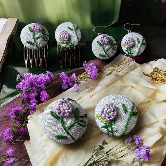 Choice of stud earrings, dangle earrings, hair combs, shanked buttons or pins all hand made from a vintage linen embroidered table runner
