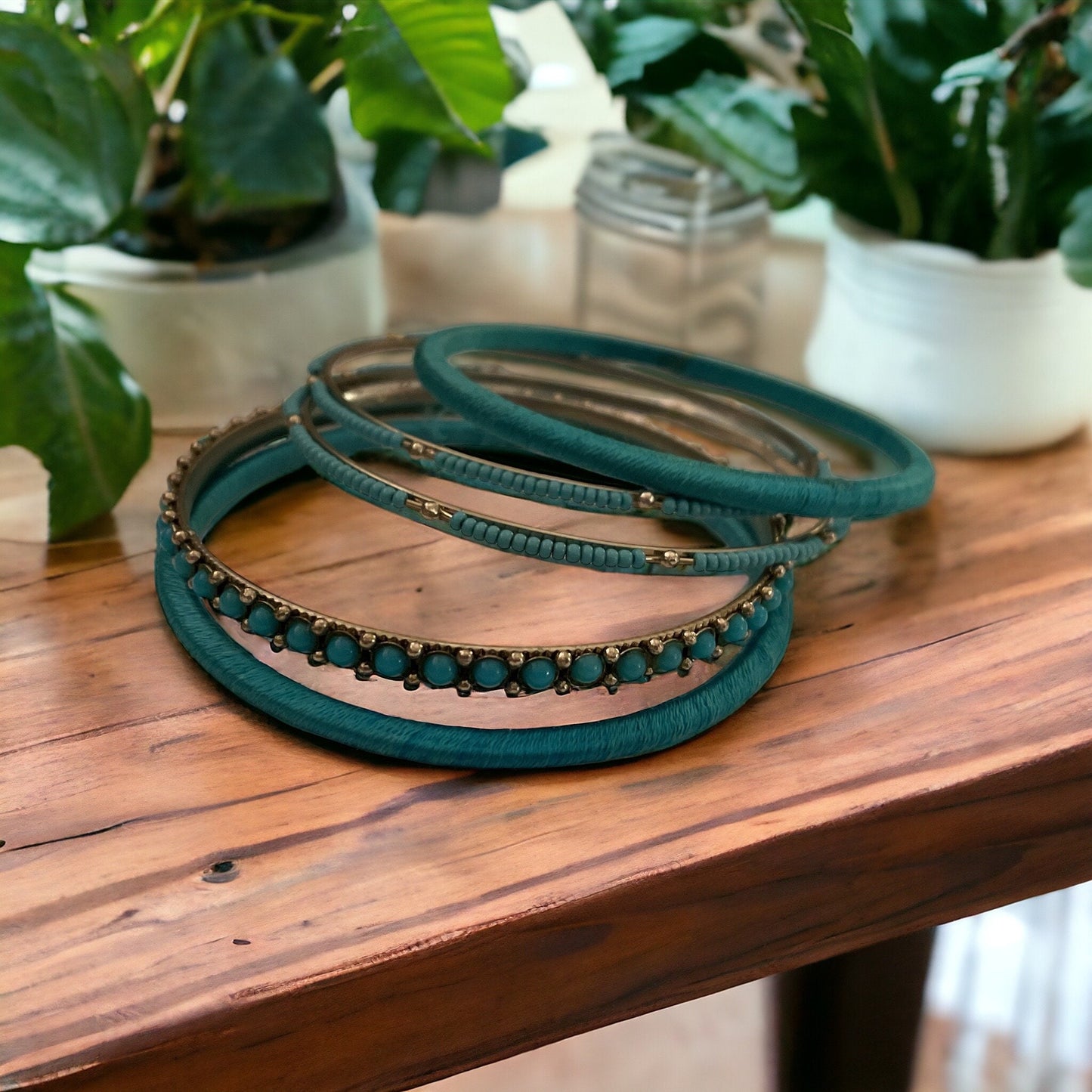 Set of turquoise vintage rhinestone bangle bracelets