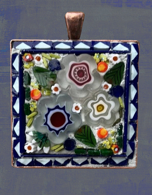 My handmade mosaic necklace - "Flower garden" - hand cut ceramic and glass with millefiori flowers