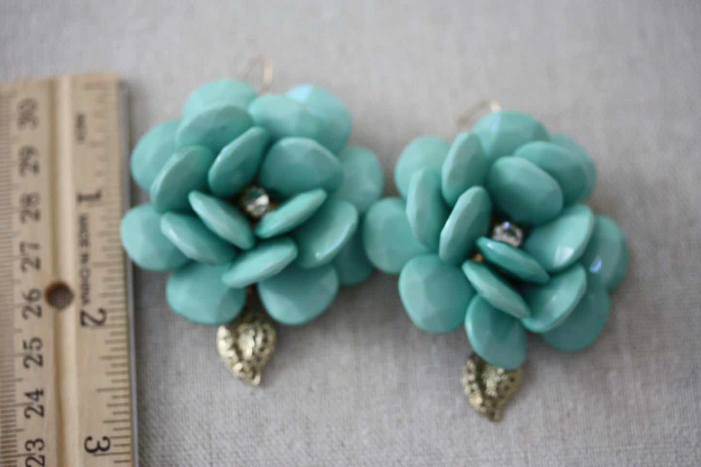 Fun large beaded turquoise flower earrings with goldtone dangle leaves - upcycled, statement earrings