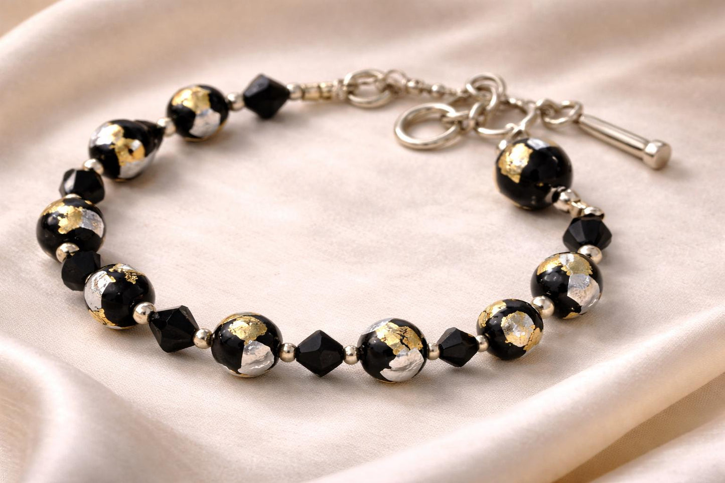 Vintage Lucky Clover brand Murano Glass Bracelet Black Gold Silver Foil Beads, Adjustable 7-8 Inch,m Italian Art Glass Jewelry