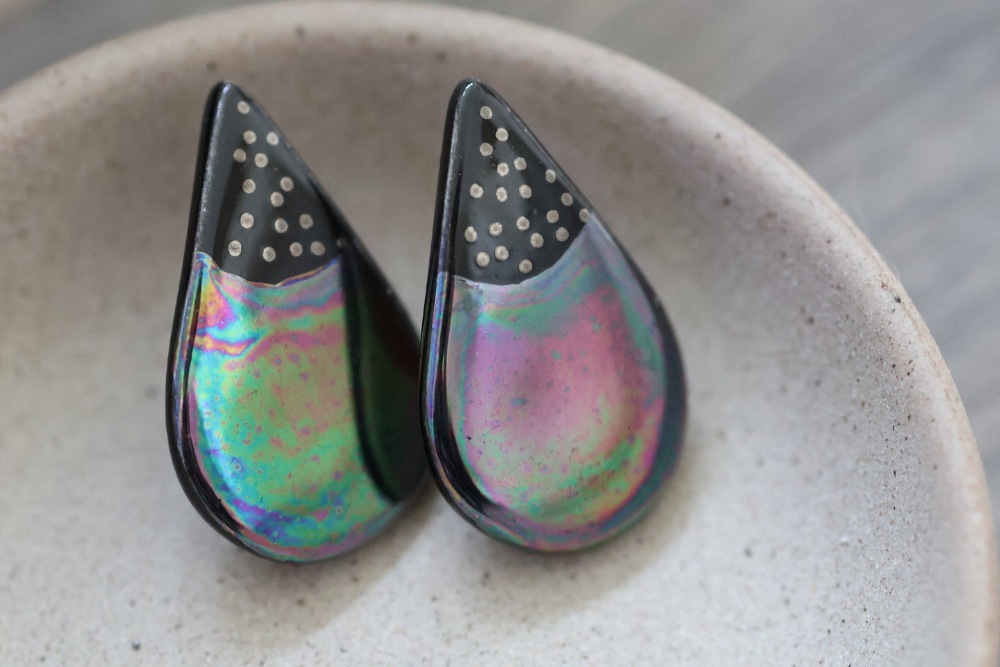 Glazed porcelain teardrop shaped vintage artisan earrings