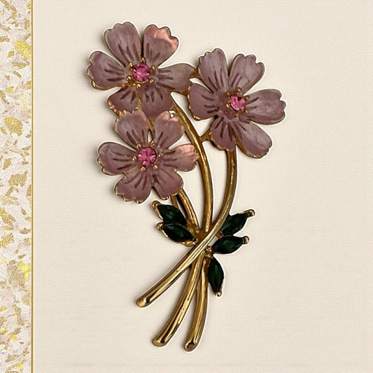 Vintage Pink Enamel Flower Pin – Pink Rhinestone Brooch, Retro Floral Jewelry, Collectible Costume Pin