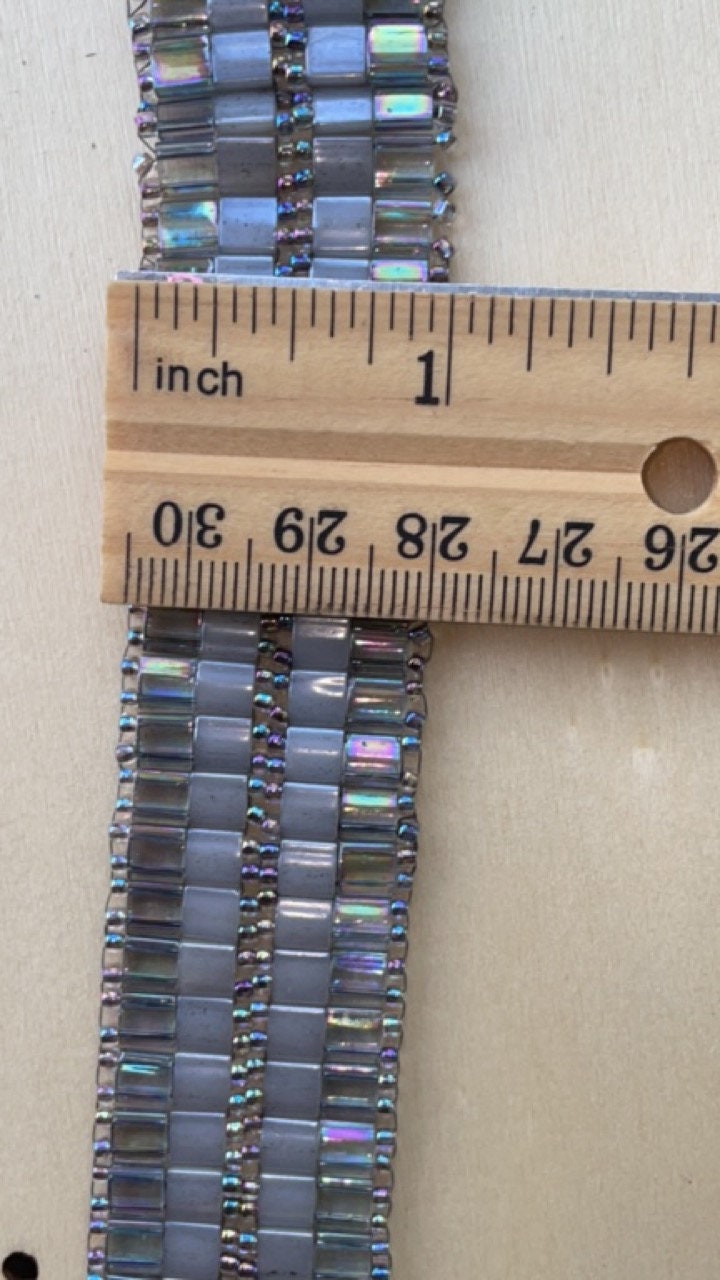 Stunning vintage silver and opalescent white glass tile hand bead woven vintage beadwork bracelet