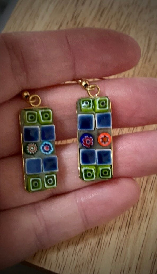 Small handmade micro mosaic glass and tile earrings