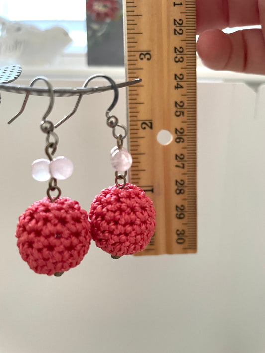 Handmade mixed material dangle earrings featuring upcycled vintage coral or grey crocheted balls - sterling silver ear wires