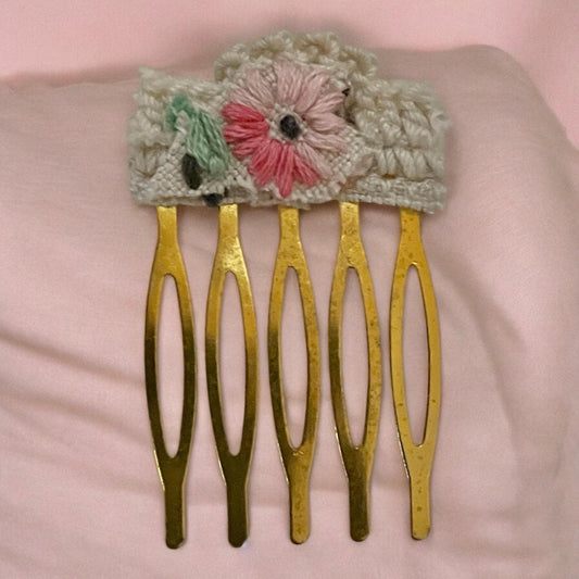 Floral hair comb handmade with embroidery and lace salvaged from vintage linens