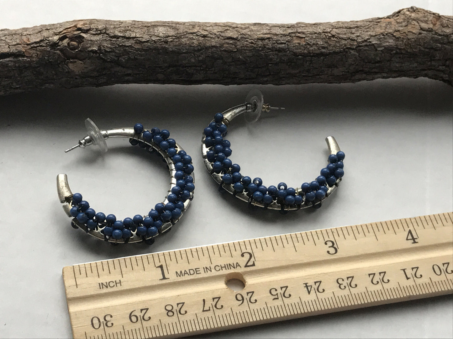 Unique vintage artisan beaded hoop earrings - blue semi precious stones
