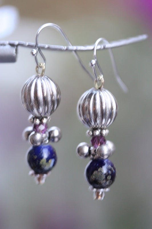 Swirled art glass, amethyst colored crystal and new/vintage metals handmade dangle earrings - with sterling silver ear wires