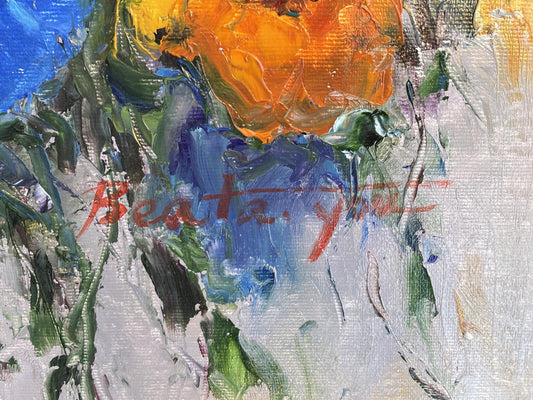 Original Signed Abstract Floral Painting – Large Blue & Yellow Impasto Flowers, Hand-Painted Textured Canvas Art