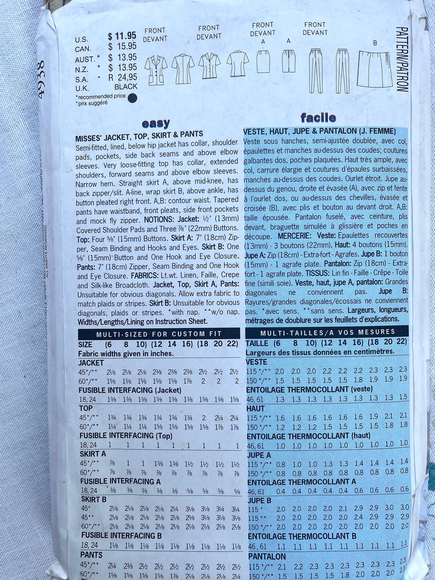 UNCUT Vintage Sewing Pattern - Butterick JG Hook 4938 Misses Jacket Top Skirt Pants - Sizes Tall 6, 8, 10