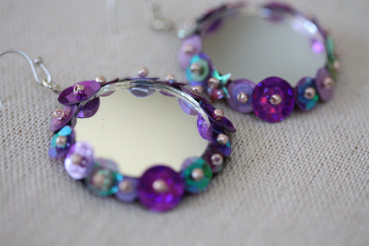 Unique hand beaded and sequined dangle mirror earrings