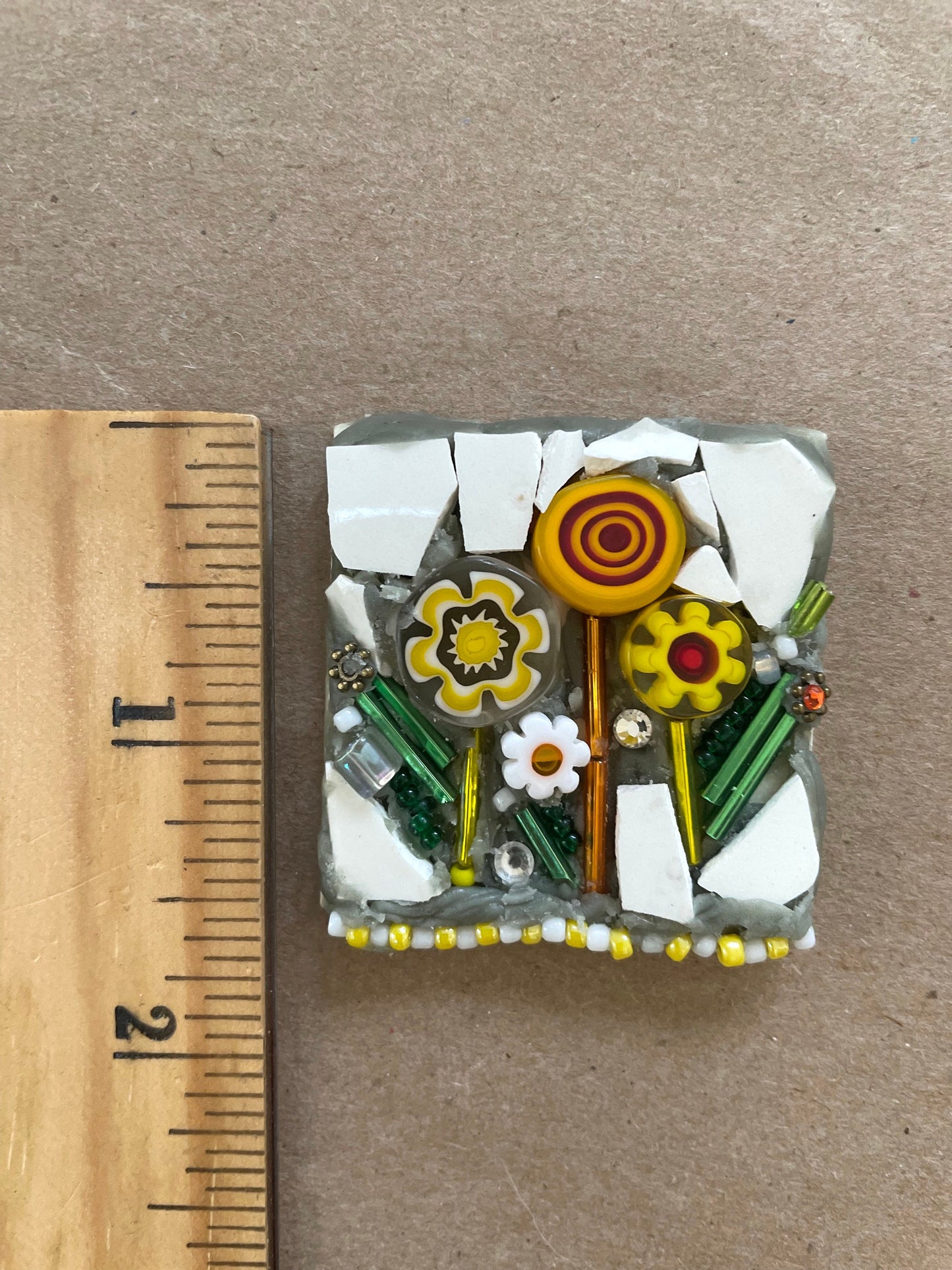 Flower garden Mixed Material Mosaic Assemblage art - magnet or pin