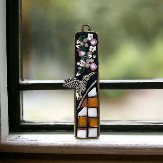 Handmade mixed material mosaic necklace - hand cut Italian millefiori glass flowers, tile, metal, bird