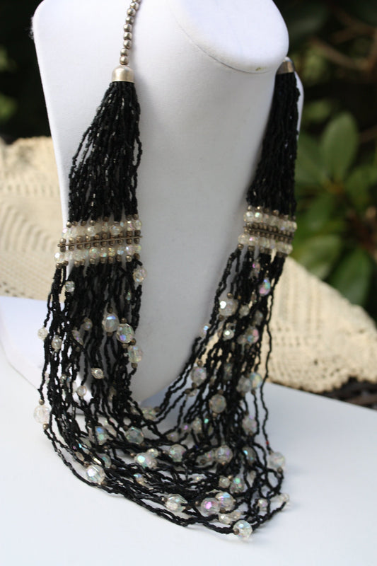 Stunning all beaded black and crystal multi strand vintage necklace