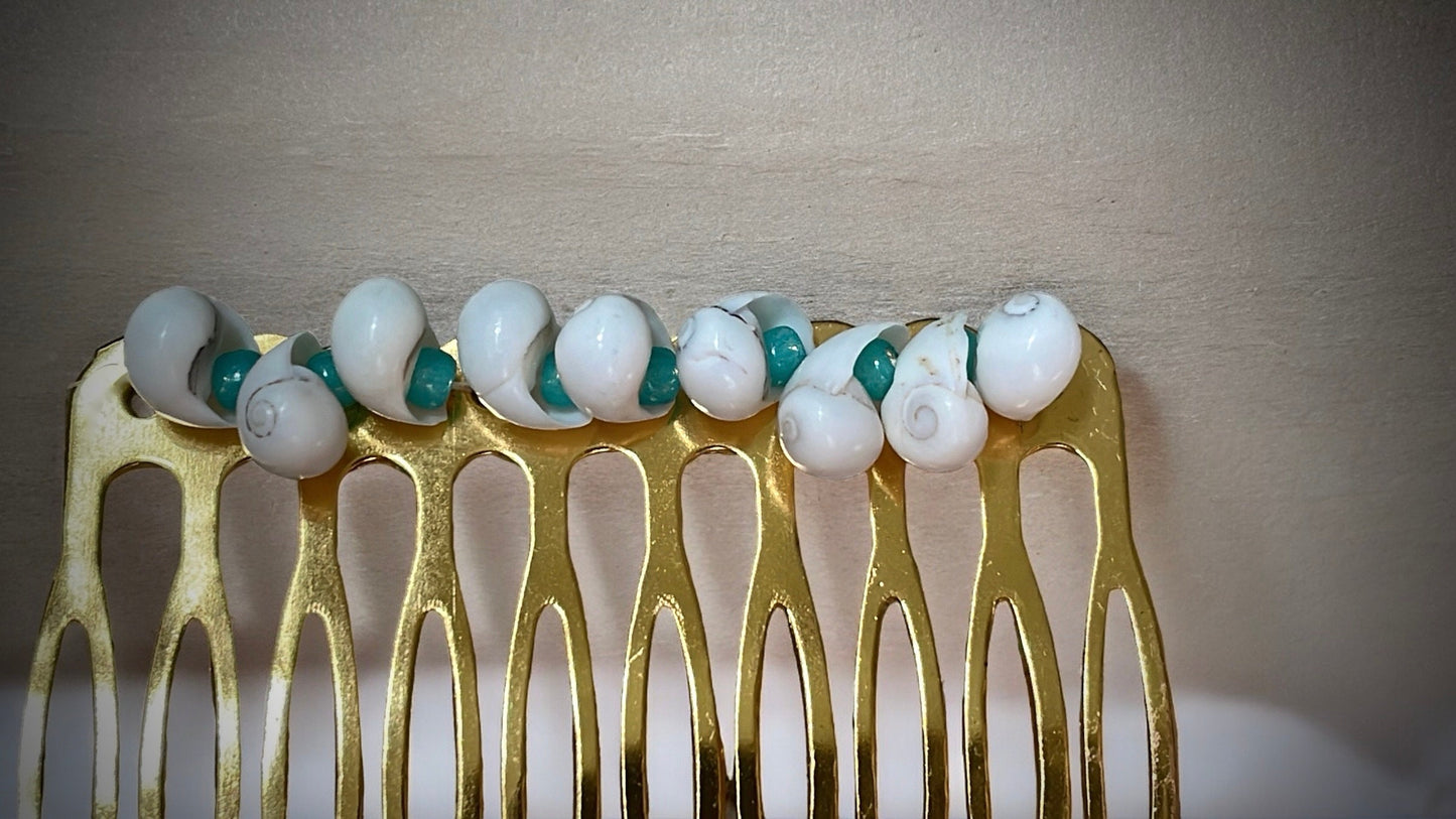 Stunning hand strung white shell hair combs with turquoise blue glass seed beads on goldtone metal hair combs