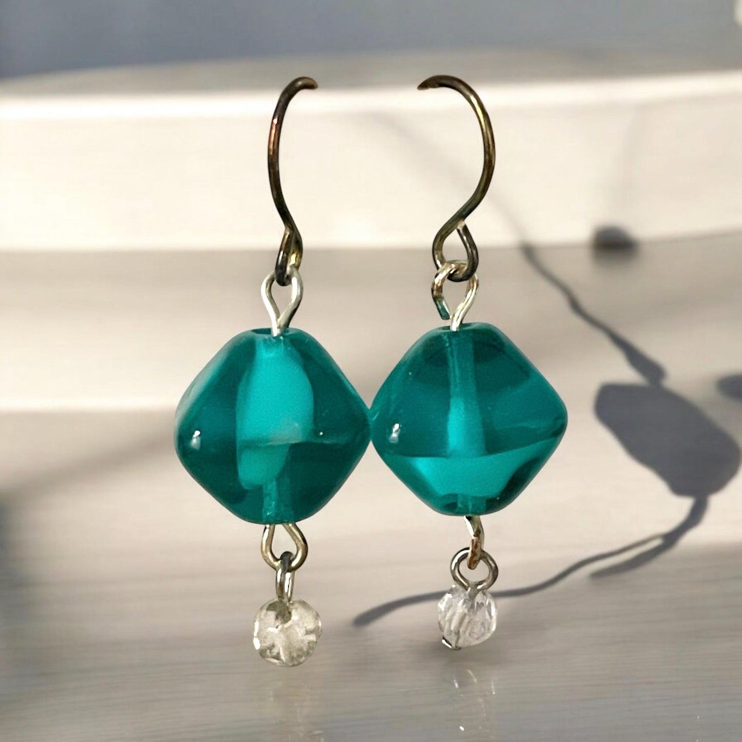 Triangular shaped turquoise glass and crystal drop earrings