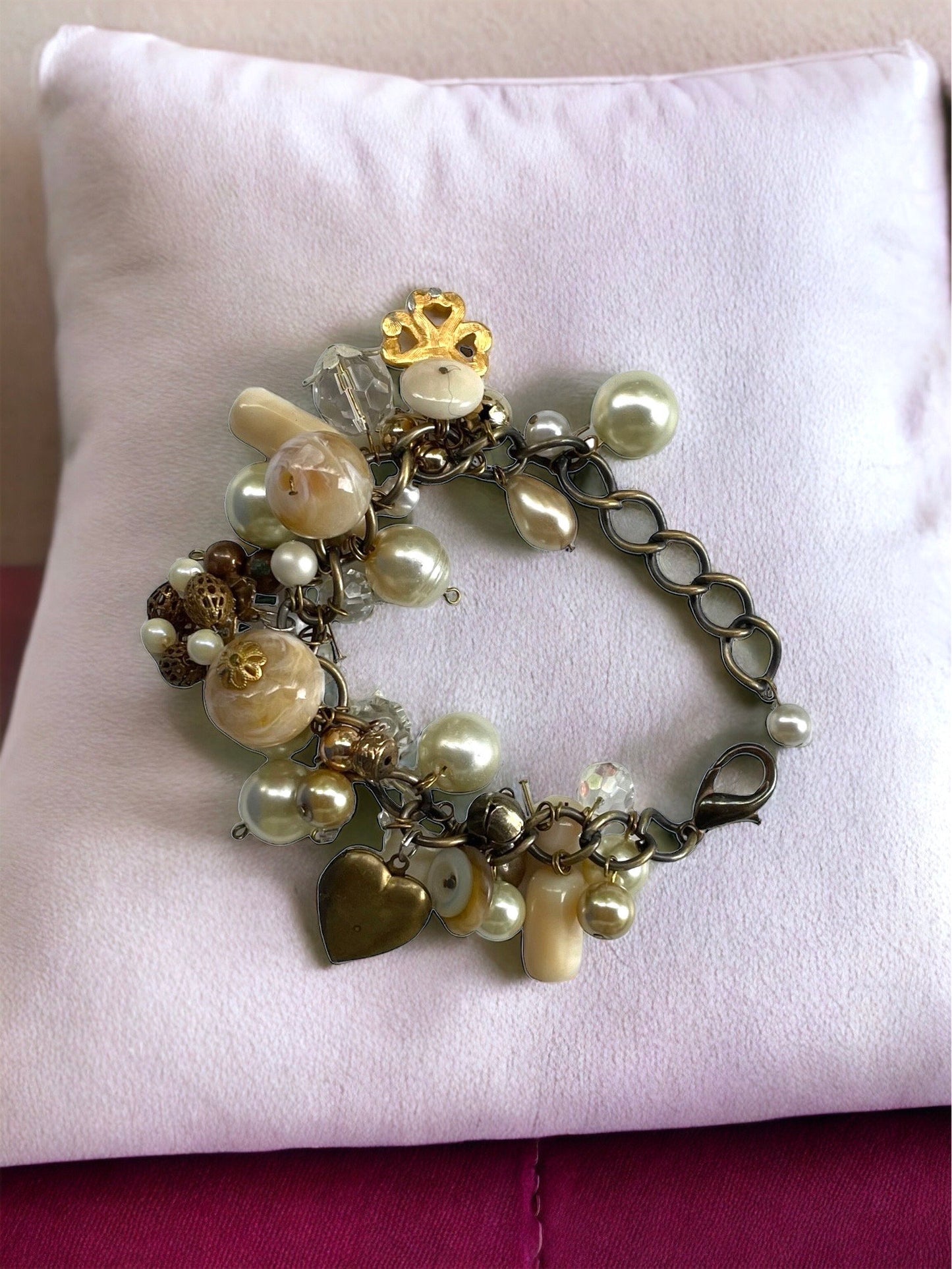 Vintage charm bracelet - faux pearls, glass, crystals, buttons and mixed materials