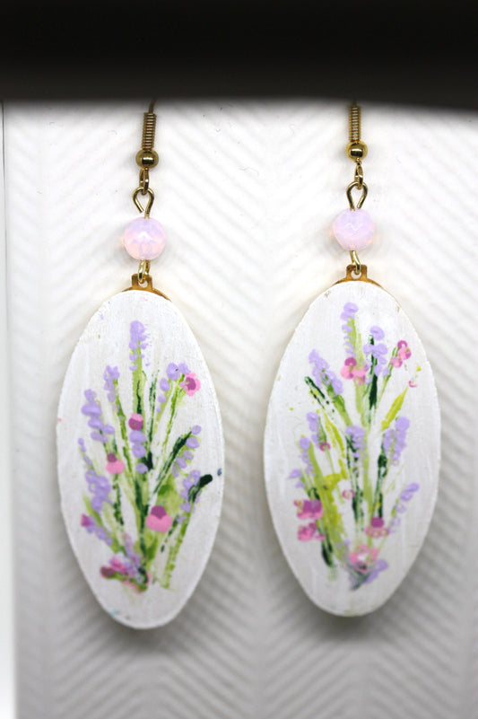 My original handpainted oval wood earrings with bead trim