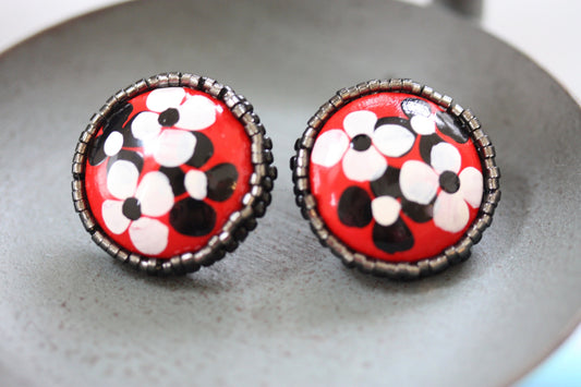 Stud earrings - original beadwork around upcycled floral painted vintage wooden centers