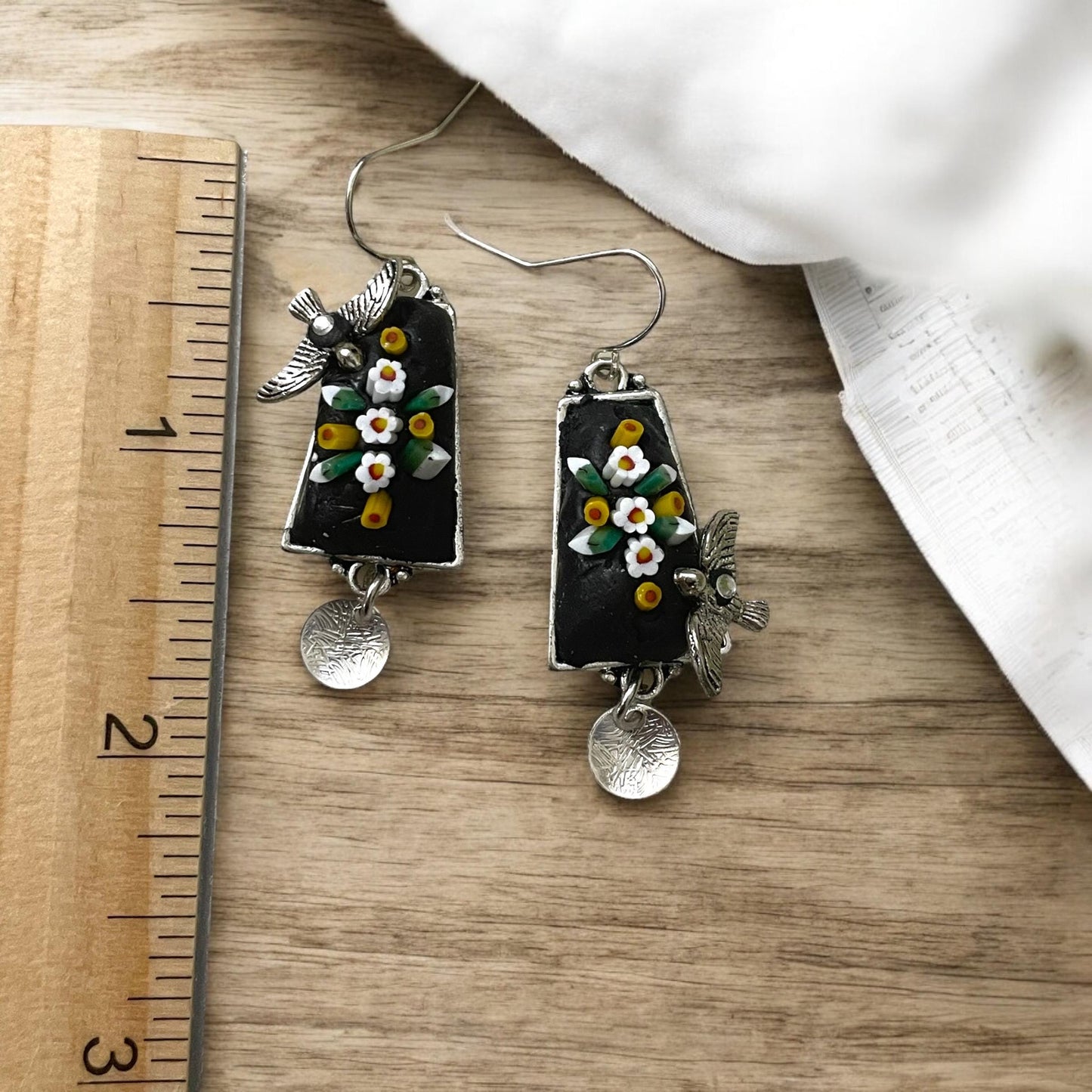 My own handmade Italian style hand cut micro mosaic millefiori dangle earrings - flowers with birds - sterling silver ear wires