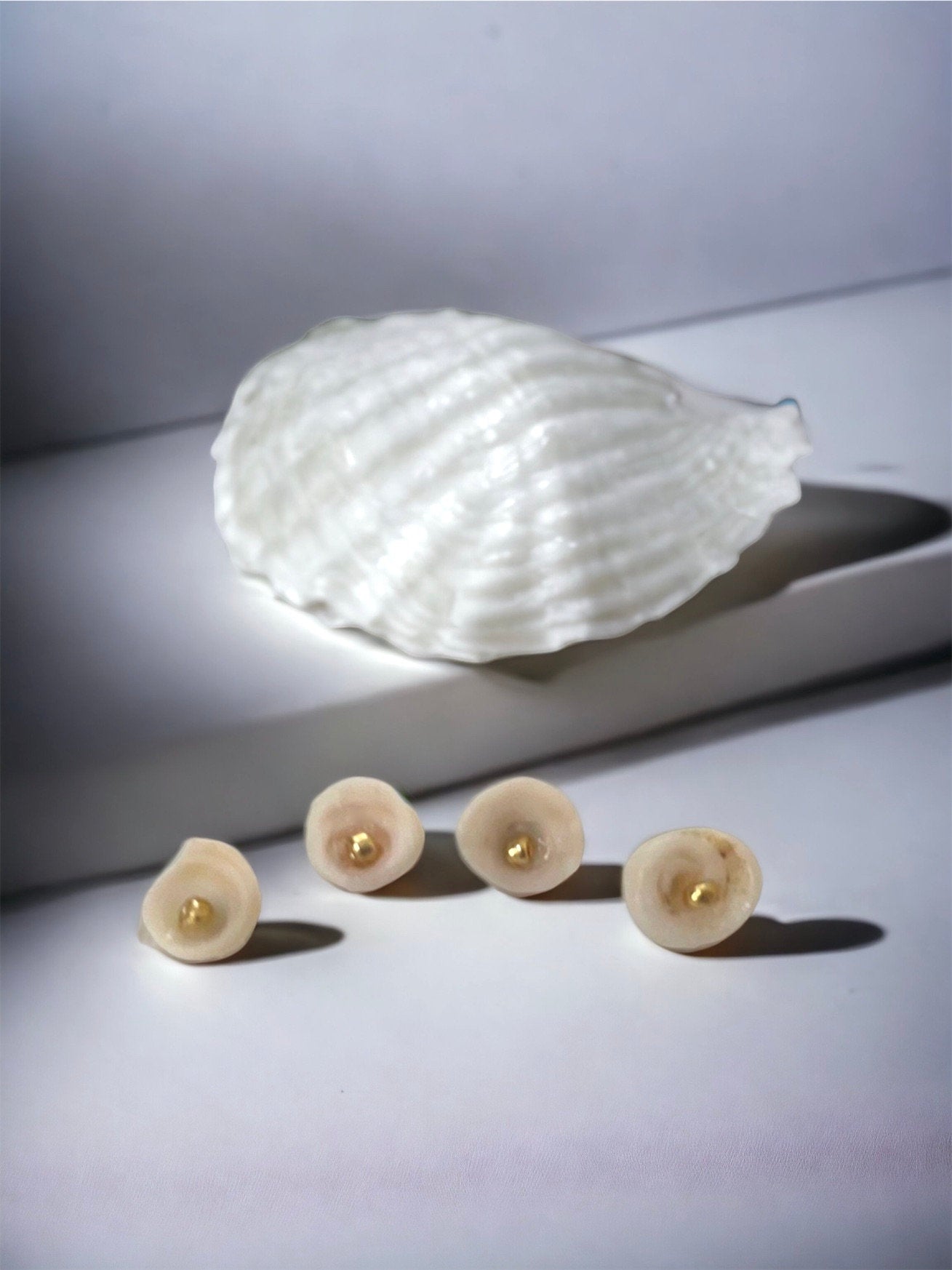 Ivory white shell stud earrings with goldtone centers