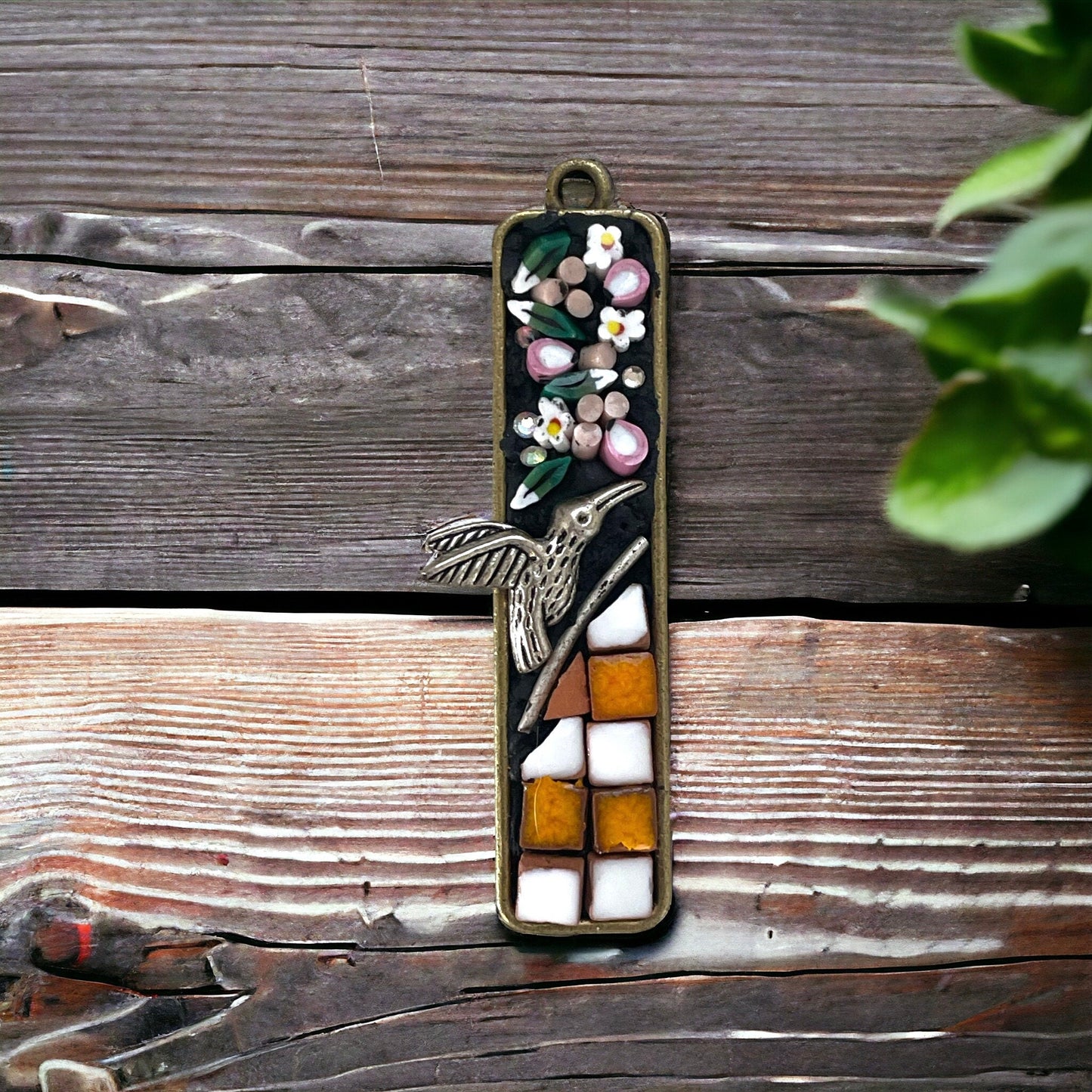 Handmade mixed material mosaic necklace - hand cut Italian millefiori glass flowers, tile, metal, bird