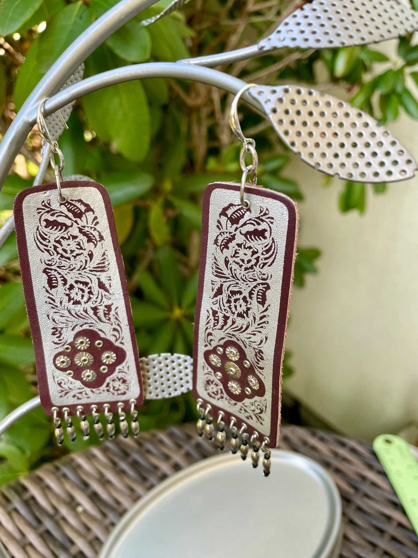 Unique vintage artisan handmade leather dangle earrings