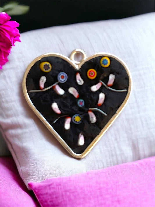 Handmade micro mosaic heart shaped flower garden necklace - made of handcut pieces of Italian millefiori glass and wire