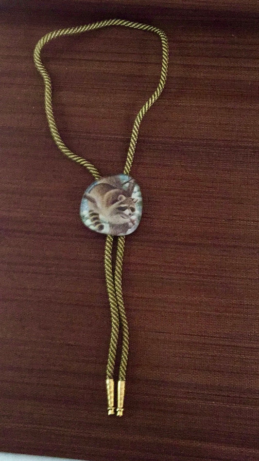 Unique upcycled / repurposed unique eyeglass raccoon vintage artisan bolo necklace