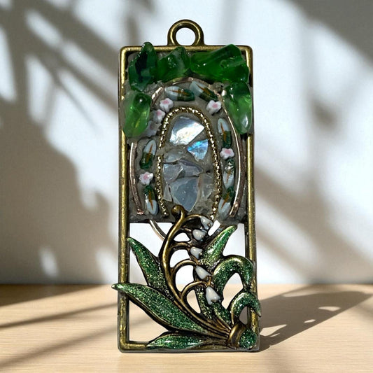 Handmade mosaic necklace -Enameled Lily of the Valley, hand cut glass murrini, glass chips & inlaid mother of pearl, matching chain included