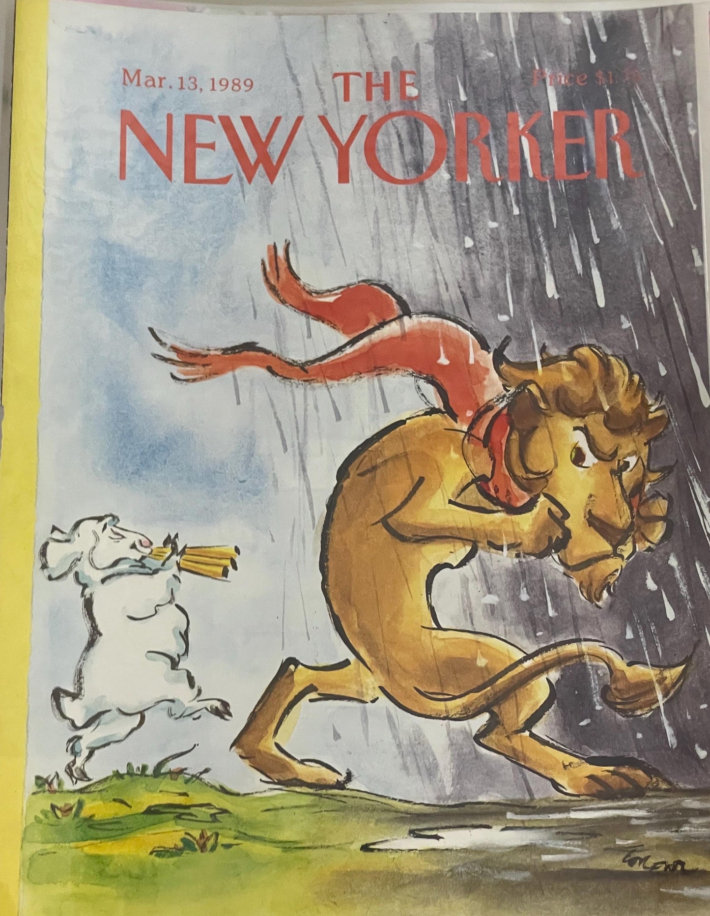 March 13, 1989 - The NEW YORKER Magazine original cover - lion and sheep playing music in the rain