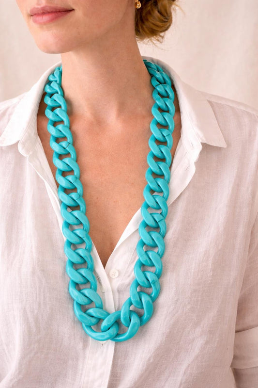 Vintage Turquoise Acrylic Chain Necklace β Oversized Lucite Link Statement Necklace β Bold 80s 90s Chunky Resin Collar