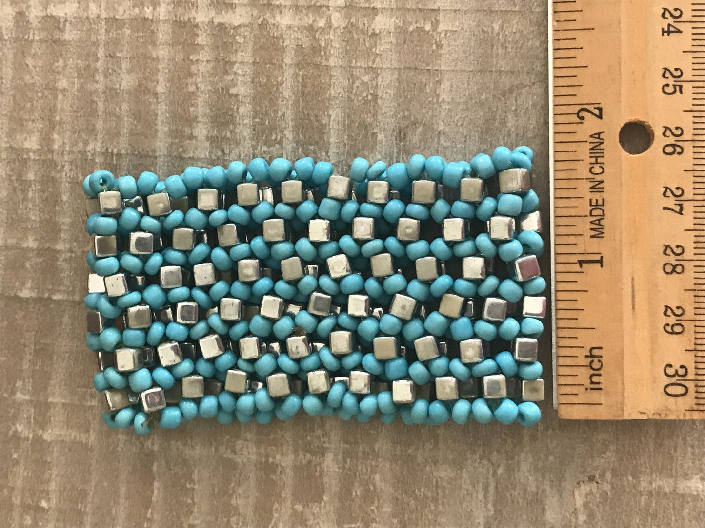 Unique vintage handmade beadwork cuff bracelet - silvertone metal & blue glass beads