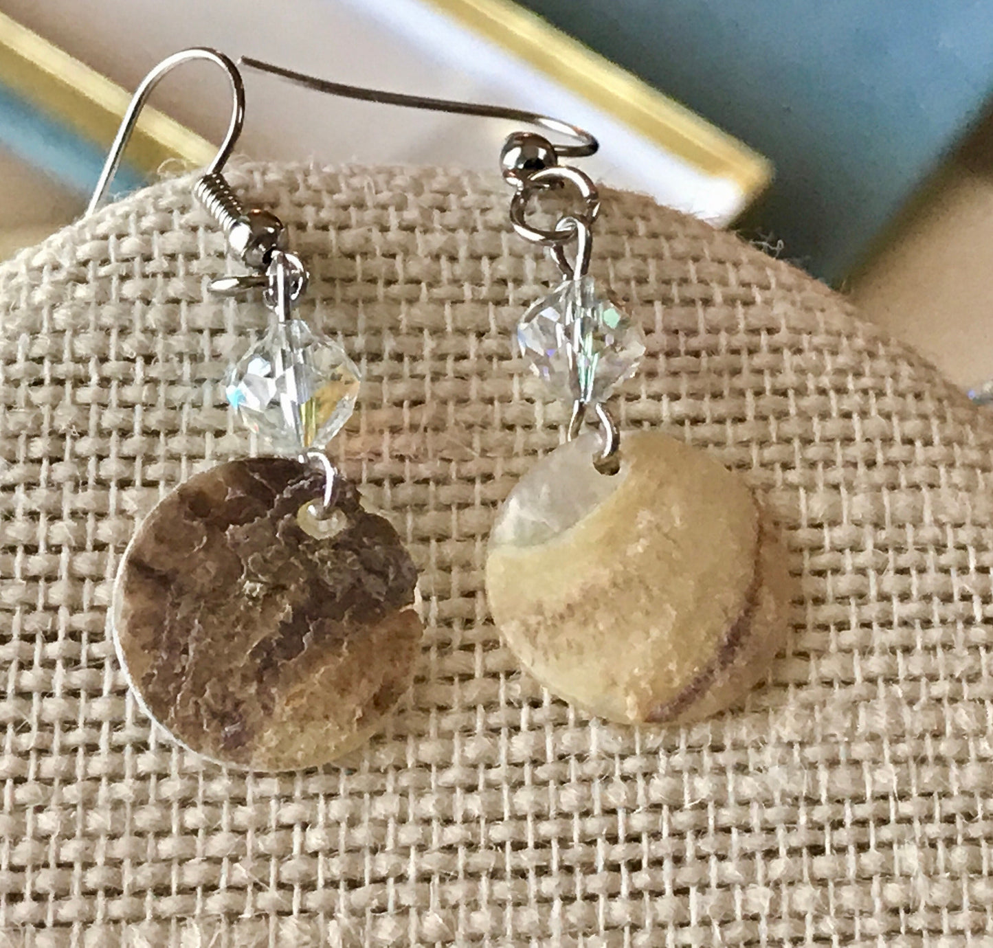 Handmade dangle earrings - mother-of-pearl with vintage crystals