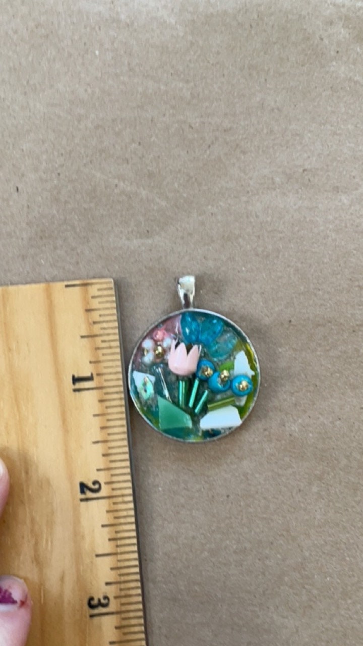 Flower garden necklace pendant - Mixed Material art collage, Mosaic, Assemblage art, sculpture