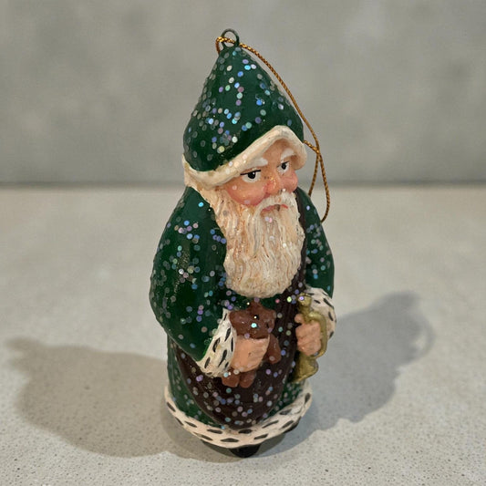 Vintage Resin Green Santa Ornament – Hand-Painted Glitter Father Christmas Holiday Decor