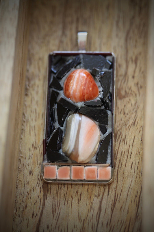 Handmade mixed material mosaic necklace - abalone, black glass, terra cotta orange colored ceramic