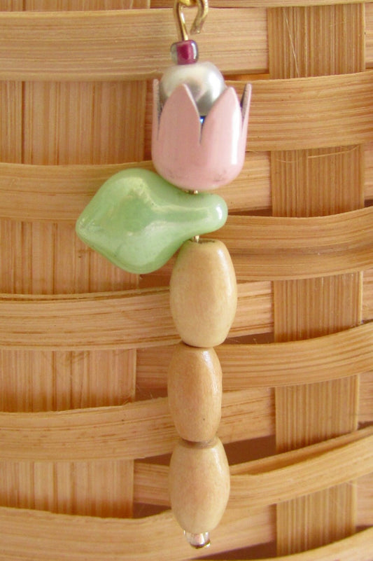Handmade pink tulip earrings with wood oval puff beads pink enamel tulips, glass leaves and faux pearl centers