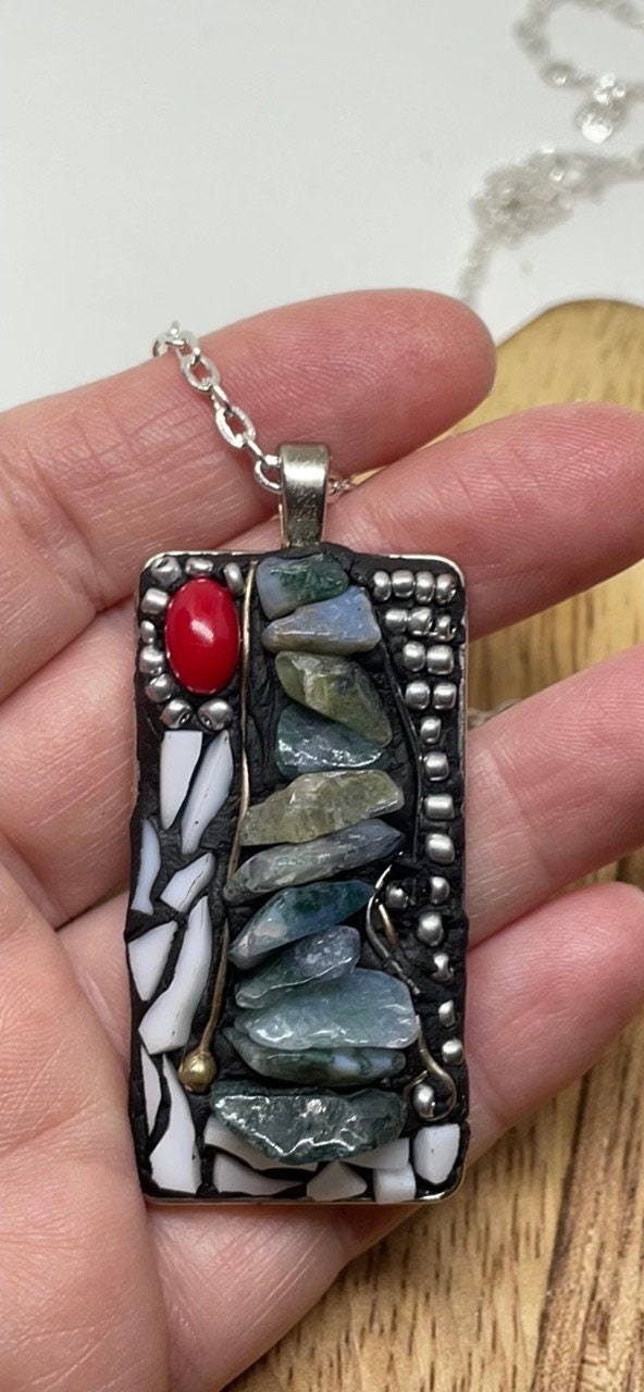 River Rocks Pathway - my one-of-a-kind micro mosaic necklace with mixed material including stone, metal and hand cut glass