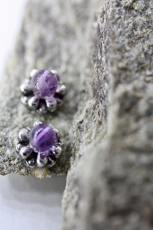 Tiny barely-there purple amethyst in silvertone circle minimalist stud earrings