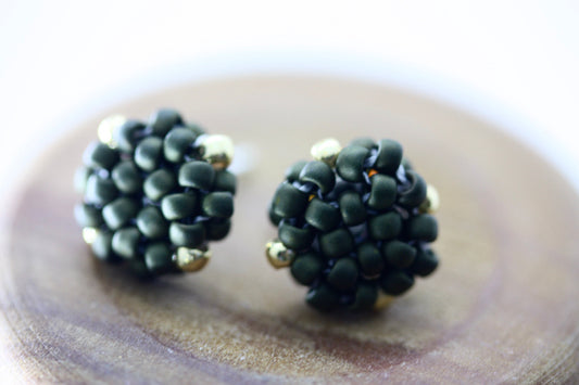 Hand beaded sterling silver stud earrings - matte olive green with drops of gold - studs, beadwork studs, beaded studs