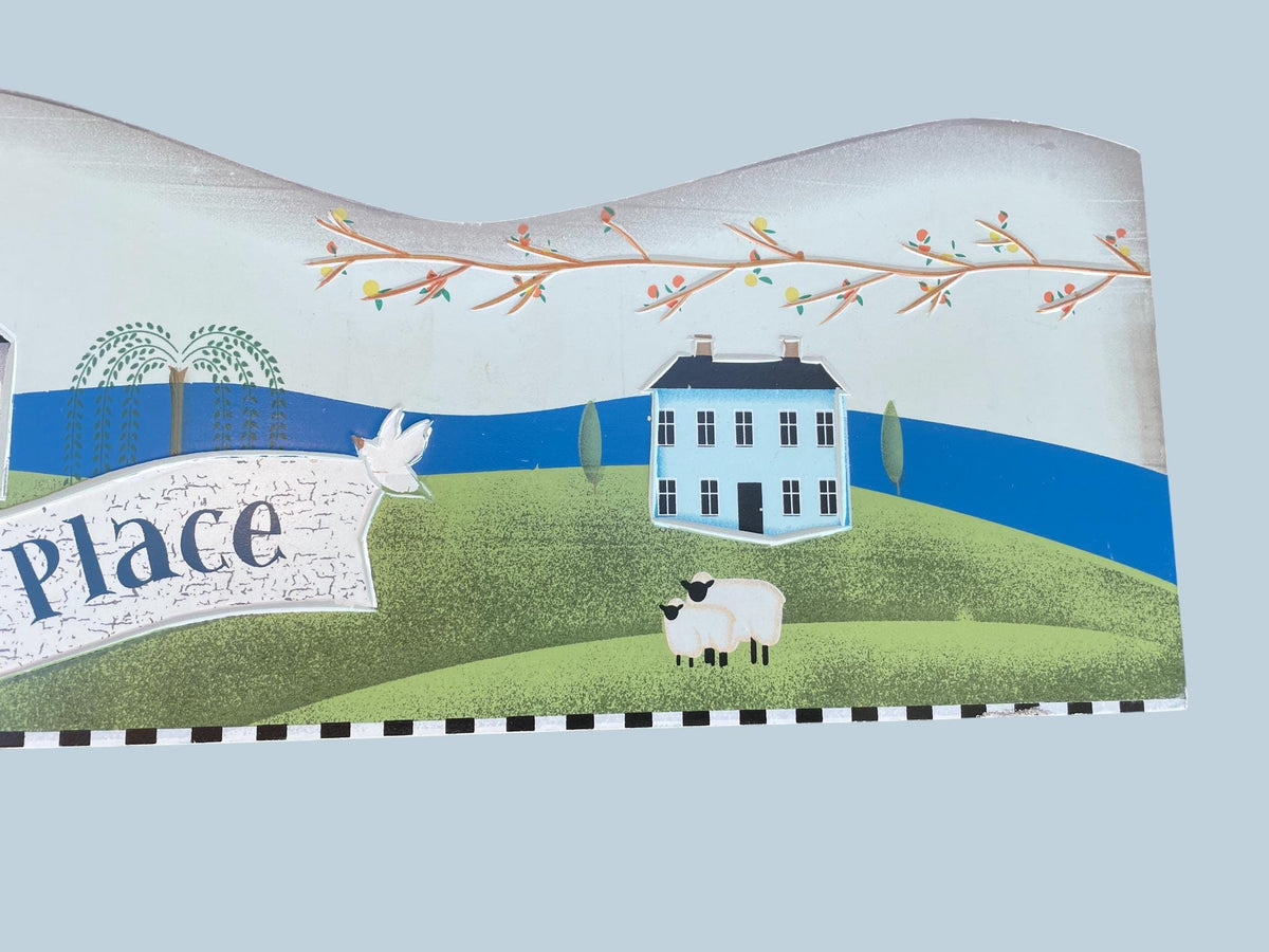 Folk Art Wooden Wall Plaque – “Peace to This Place” Country Village Scene with Sheep & Church – Primitive Farmhouse Decor