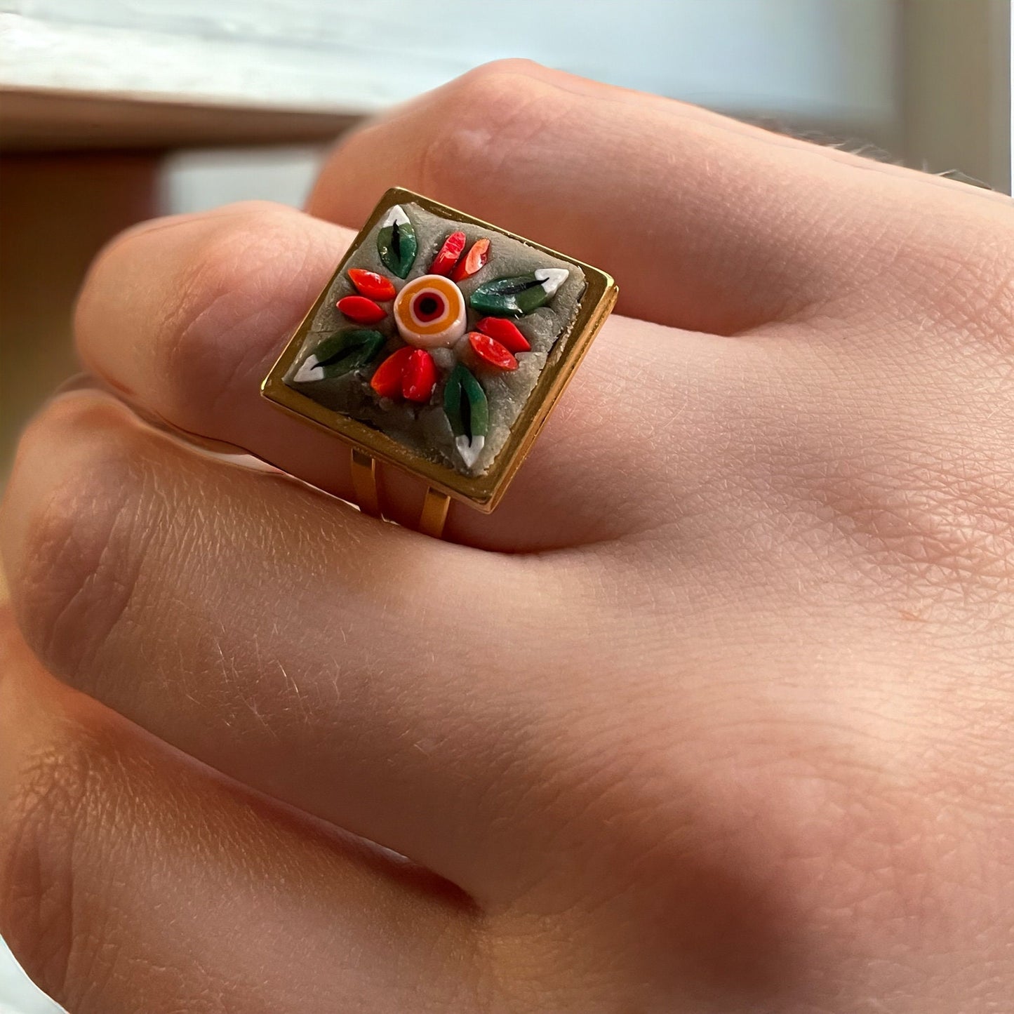 Handmade folk art inspired micro mosaic adjustable ring - hand cut glass millefiori