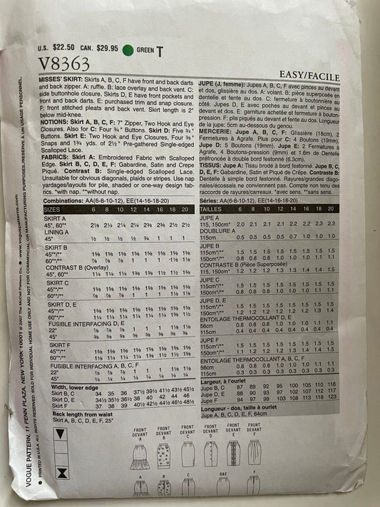 UNCUT Sewing Pattern - Vogue V8363 Skirt, Size EE (14-16-18-20), Plus Size