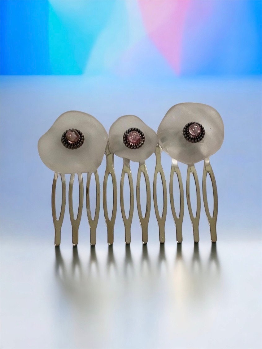 Unique clear white free form lucite and pink glass hair comb