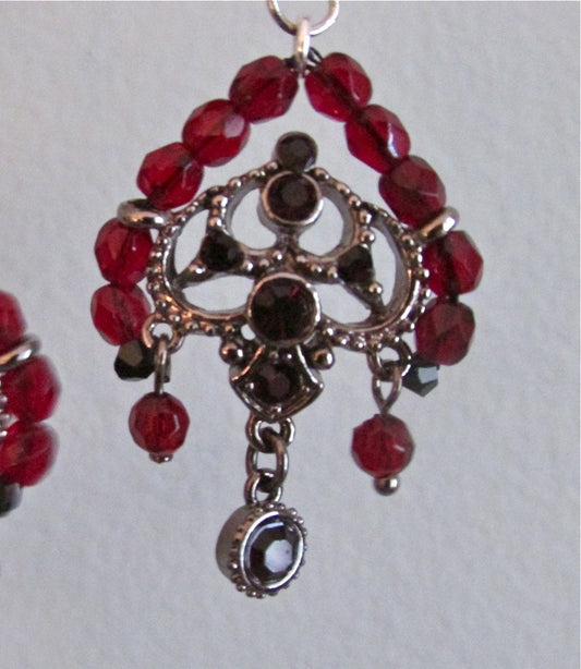 Chandelier dangle earrings - upcycled vintage base with Czech fire polished cranberry glass crystals & Swarovski crystals