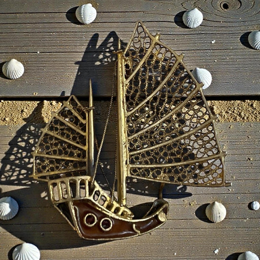 Vintage 800 Silver Filigree Sailboat Pin – Signed 800 • Intricate Asian Junk Ship Brooch • Collectible Sterling-Grade Maritime Jewelry